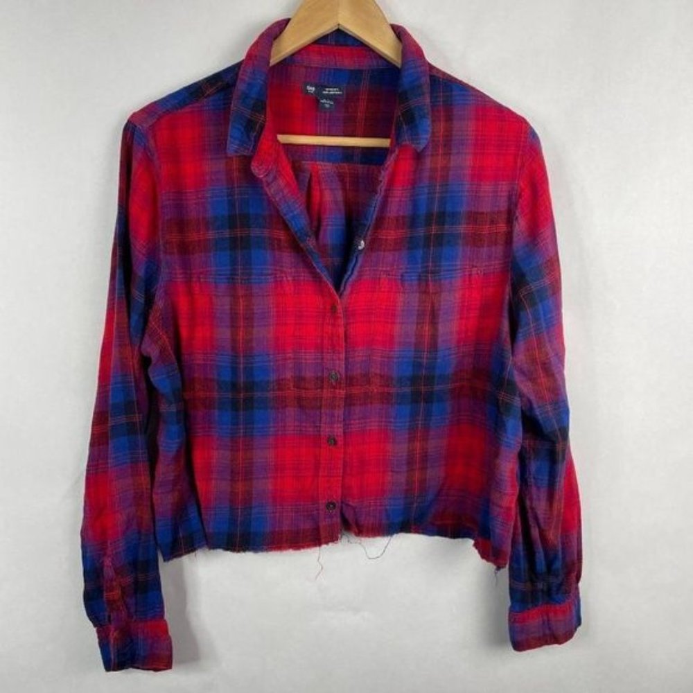 Gap Crop?Cut Off Long?Sleeve Button Down Shirt Top Blue Red XL